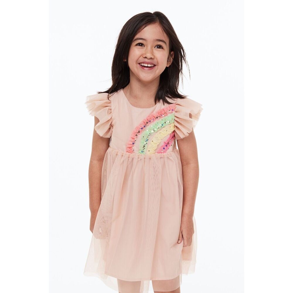 H&M Appliquéd Tulle Dress In Powder pink/rainbow